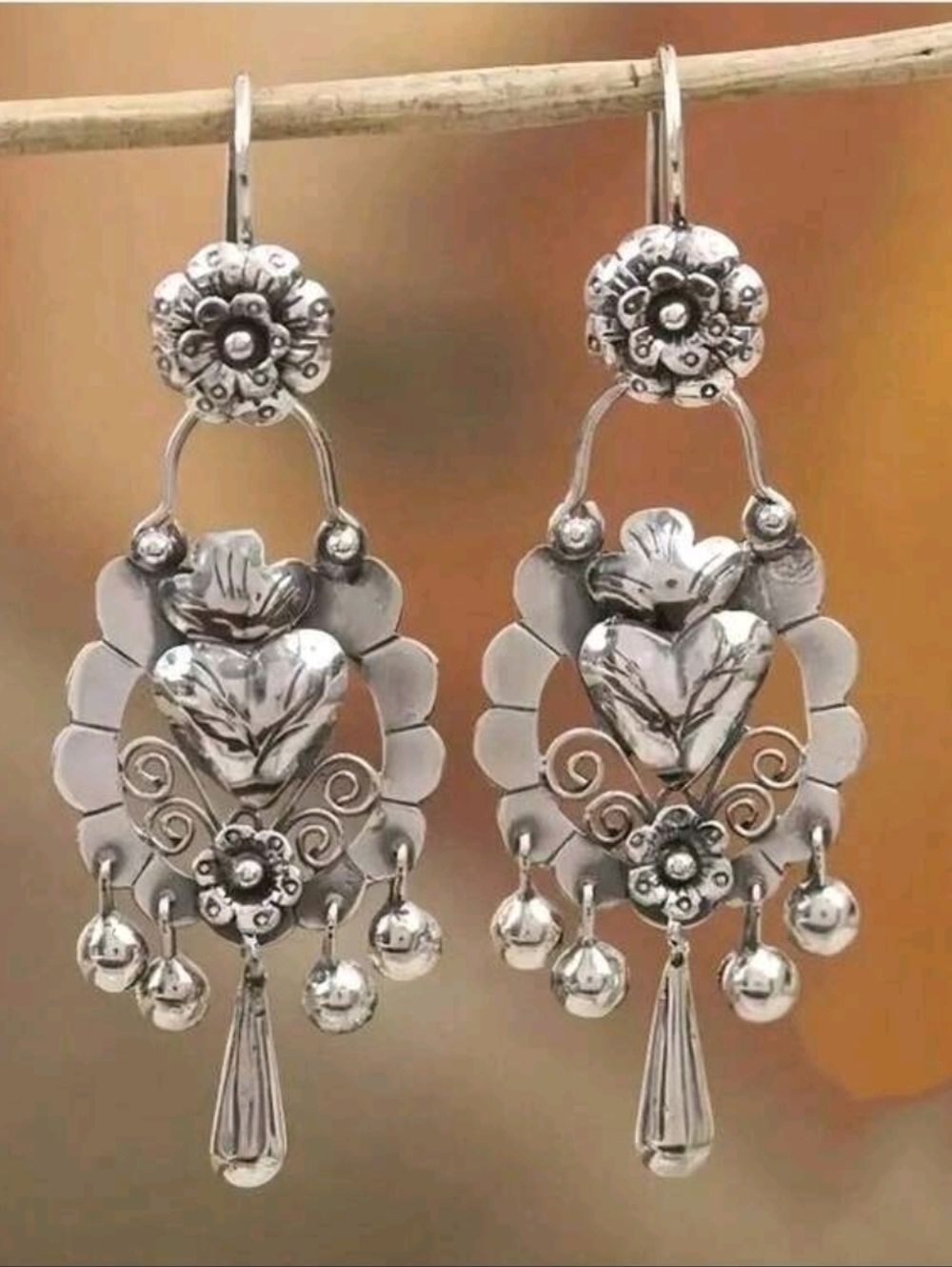 Silvertone Floral Heart Dangle Earrings